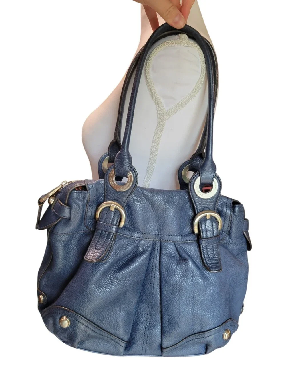 B. Makowsky Blue Genuine Leather Slouchy Hobo Satchel Shoulder Bag